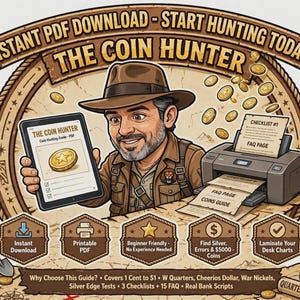 Op de afbeelding: Een digitale gids getiteld THE COIN HUNTER met een geïllustreerde ontdekkingsreiziger die een tablet vasthoudt, een printer die checklists uitprint, en tekst waaronder INSTANT PDF DOWNLOAD, START HUNTING TODAY en diverse tips voor het zoeken naar munten.
