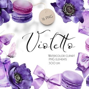 Violett Aquarell Clipart | 16 PNG Anemone, Parfüm, Macarons, Bögen | Lila Blumenästhetik für Branding & Einladungen, nicht AI-generiert