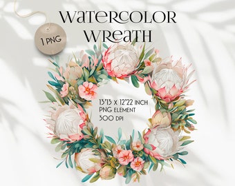 Watercolor Wreath Of Protea Flowers, Floral Wreath, King Pink Protea And Eucaliptus, Spring Wreath, PNG Clipart, Wedding Digital Wreath