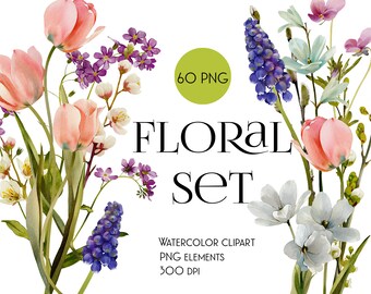 May include: Watercolour clipart set of 60 PNG elements featuring delicate flowers in shades of pink, blue, white, and purple. The flowers include tulips, forget-me-nots, and hyacinths. The set is perfect for creating digital invitations, greeting cards, and other craft projects.