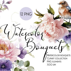 水彩ブーケ PNG クリップアート、花の庭、デジタル花ウェディング、セット、PNG クリップアート、デジタルピンクの花、手描きイラスト、