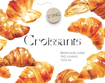 Watercolor Croissant Clipart: 17 PNG Food Illustrations (Digital)