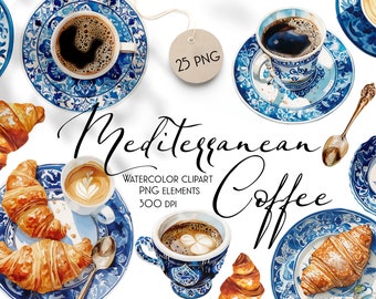 Mediterranean Breakfast Watercolor Clipart: Coffee & Croissants (Digital Download PNG)