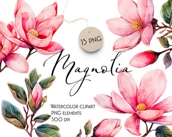 May include: Watercolor clipart of pink magnolia flowers with green leaves. 13 PNG elements, 300 DPI.