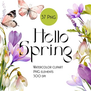 水彩スノードロップの花、花のセット、PNG クリップアート、デジタルの淡い花、手描き画像、春の庭、クロッカス、フリージア、蝶