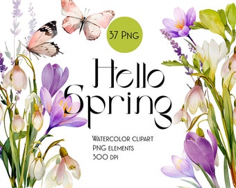 May include: Watercolor clipart featuring a bouquet of spring flowers, including snowdrops, crocuses, and freesia, with butterflies and the text "Hello Spring".