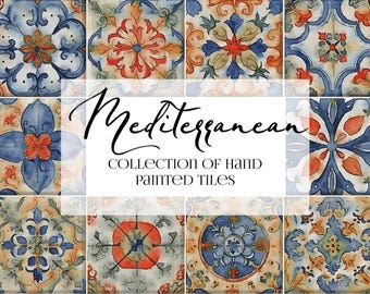 Watercolor Azulejo Tile Clipart: Mediterranean, Portuguese Patterns (Digital Download)