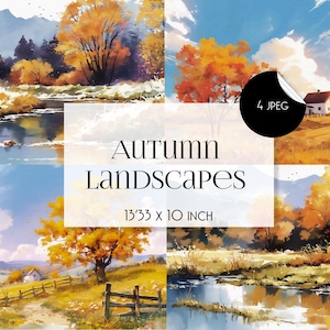 Watercolor Autumn Landscape Clipart: Fall Scene JPEG (Digital Download)