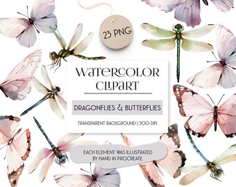 Watercolor Butterfly & Dragonfly Clipart: Insect PNG Elements (Digital Download)