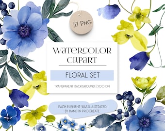 Watercolor Flower Clipart: Blue & Yellow Floral PNG Set (Digital Download)
