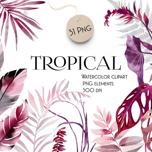 Watercolor Tropical Clipart, Jungle Set, PNG Clipart, Digital Pink Tropical Foliage Hand Paint Cute Illustrations,Tropical Rainforest Exotic