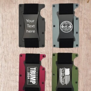 Minimalist RFID Blocking metal wallet with band to hold cash, customized personalization encluded.