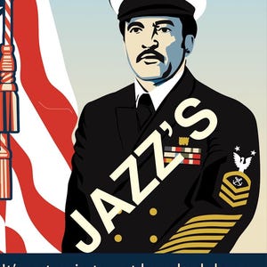 May include: Illustration of a man in a navy uniform with the text "JAZZ'S" overlaid. The American flag is in the background. The quote "It's not a sin to get knocked down; It's a sin to stay down." is at the bottom.