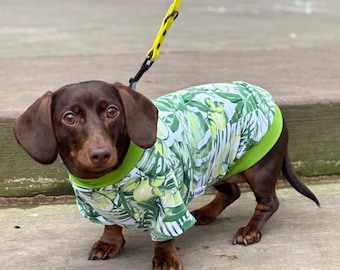 Cotton Dachshund T-shirt: Green Leaf Print, Custom Fit