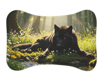 Black DireWolf in Sunlit Forest Pet Feeding Mat | Non-Slip Waterproof Placemat