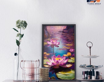 Lotus Pond Digital Painting, Modern Wall Art, Print, Wall Art, Botanical Print, Living Room, Bedroom