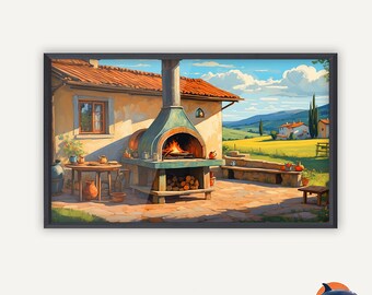 Digital Painting for Kitchen & Dining, Modern Wall Art, Traditional Homestead Outdoor Cooking, Botanical Print, Living Room, Kitchen