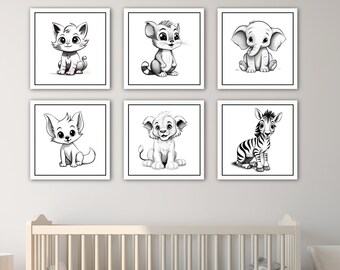 Cute Baby Animal Prints, Nursery Decor, Set of 6, Various animals, Printable Wall Art, Wall Art, Digital wall art, Kids Art, Nursery Prints