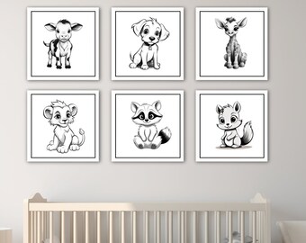 Baby Animal Prints, Nursery Decor, Set of 6, Nursery Wall Art, Baby Animals, Printable Wall Art. Digital Wall Art. Nursery Prints, Wall Art