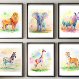 Safari Animal Prints, Watercolor Prints, Set of 6, Safari Nursery Decor. Safari Wall Art, Watercolor Wall Art, Boho Nursery Wall Art