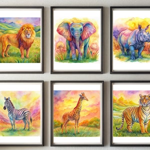 Safari Nursery Decor, Nursery Wall Art Printable, Set of 6, Watercolor Prints, Animal Prints. Safari Wall Art, Watercolor Wall Art