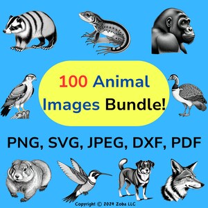 100 Animals Bundle - svg, dxf, png, pdf, jpeg files for cricut, Laser Engraving, Silhouettes, more! 500 files! All digital. Design, wildlife