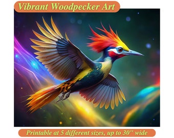 Vibrant woodpecker print, safari animal print, animal poster, woodpecker print, woodpecker wall art, woodpecker poster, maximalist decor