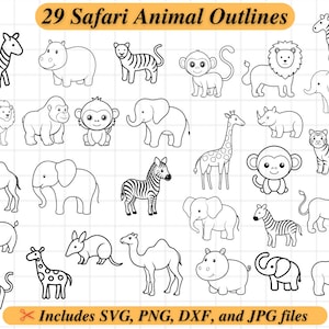 Op de afbeelding: Een afbeelding met 29 zwart-wit omtrekken van safari-dieren, waaronder zebra's, nijlpaarden, tijgers, leeuwen, apen, olifanten, giraffen en neushoorns. De afbeelding bevat de tekst "29 Safari Animal Outlines" bovenaan. De tekst onderaan luidt "Includes SVG, PNG, DXF, and JPG files".