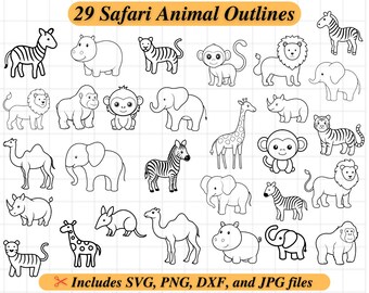 Safari Animal Outlines, Coloring SVG Clipart, Kid Party Coloring Activity, Svg Dxf Png Jpg, Clipart Stamp, Elephant Zebra Giraffe Monkey Ape