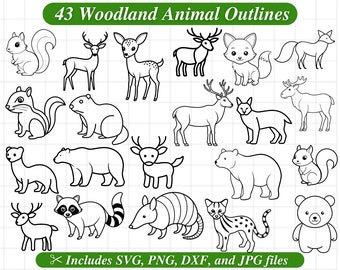 Woodland Animal Outlines, Coloring SVG Clipart, Kid Party Coloring Activity, Svg Dxf Png Jpg, Clipart Stamp, Bear Fox Squirrel Deer Elk