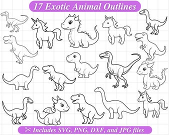 Exotic Animals Outline, Coloring SVG Clipart, Kid Party Coloring Activity, Svg Dxf Png Jpg, Clipart Stamp, Dinosaur Unicorn Dragon