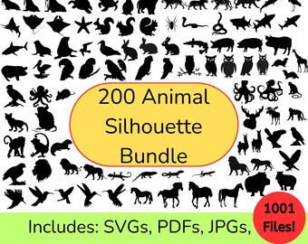 Black Silhouette Animal Mega Bundle - 200 Animal Images, clipart silhouette, black silhouette print, SVGs, PDFs, PNGs and more provided