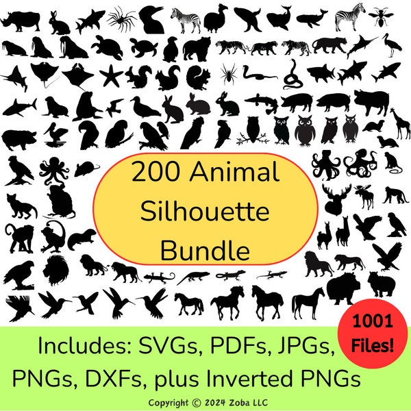 Megapaket „Schwarze Tiersilhouette“ – 200 Tierbilder, Clipart-Silhouette, schwarzer Silhouettendruck, SVGs, PDFs, PNGs und mehr bereitgestellt