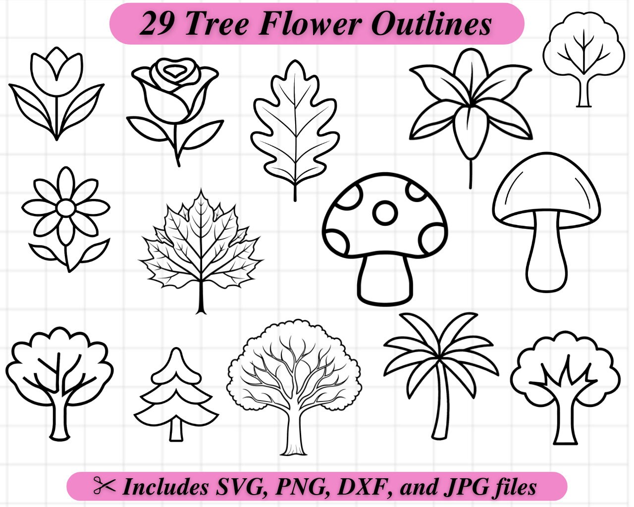 Tree and Flower Outlines, Coloring SVG Clipart, Kid Party Coloring Activity, Svg Dxf Png Jpg, Clipart Stamp, Leaves Tulip Mushroom Daisy