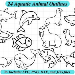 Aquatic Animals Outline, Coloring SVG Clipart, Kid Party Coloring Activity, Svg Dxf Png Jpg, Clipart Stamp, Fish Dolphin Goose Duck Shark