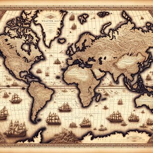 May include: A vintage world map in brown and beige tones. The map is bordered in black and features a grid pattern. The continents are outlined in black and the oceans are filled with a light brown colour. The map is decorated with small ships and other nautical details.