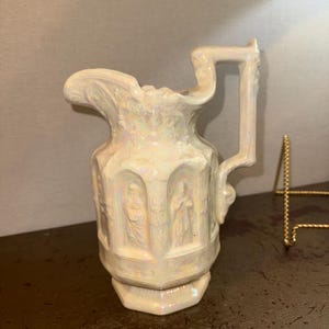 Vintage Apostle Pitcher - Mid Century White Lego Ceramic Pitcher with Mother of Pearl Coating. 9&quot;