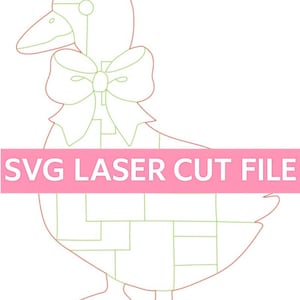 May include: A line drawing of a duck with a bow, suitable for laser cutting. The duck is outlined in red and green, with a bow around its neck. The text "SVG LASER CUT FILE" is displayed in a pink rectangle across the duck's body.