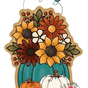 May include: A digital illustration of a teal pumpkin overflowing with a bouquet of sunflowers, daisies, and red berries. Two smaller pumpkins, one orange and one white, sit in front. A paint palette with the text The Perfect Palette is visible.