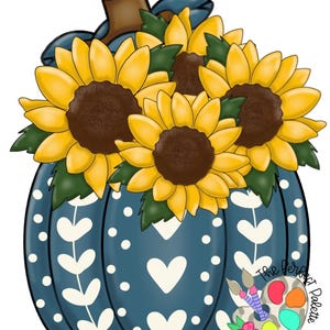 May include: A blue pumpkin illustration featuring a pattern of white hearts and dots, topped with a bouquet of yellow sunflowers with dark brown centers and green leaves. The text The Perfect Palette appears near a small artist paint palette.
