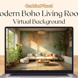 Digitaler Hintergrund - Modernes Boho-Wohnzimmer - Hintergrund für virtuelle Meetings für Zoom-Teams, Webex, Google treffen, skype und mehr