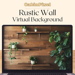 May include: A laptop screen displaying a virtual background of a rustic wooden wall with three shelves and potted plants. The wall is made of light brown wood planks with a natural wood grain. The shelves are made of dark brown wood and are empty. The plants are green and leafy. The laptop is closed and the screen is dark.