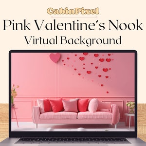 Peut inclure: Un fond d'écran virtuel rose avec un canapé rose, des coussins rouges et une guirlande de cœurs roses suspendus au plafond. Ce fond d'écran est parfait pour Zoom, Teams et autres plateformes de visioconférence.