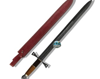 Handmade Damascus Cross Sword | 33" Vikings Damascus Steel Sword with Leather Sheath | Cosplay Display Sword Anniversary Gift for Husband