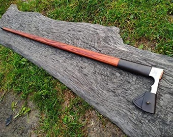 Walking Stick Axe Handmade 32” Carbon Steel Axe Head and Ash Wood Handle Leather Sheath, Unique Gift for Elders, Gift for Hiking Lovers