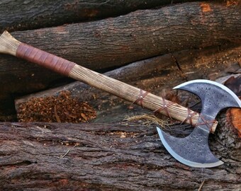 Medieval Vikings Axe Double Head Hand Forged Carbon Steel Axe with Leather sheath Ash Wood Handle Double bit Norse Axe Gift for Men