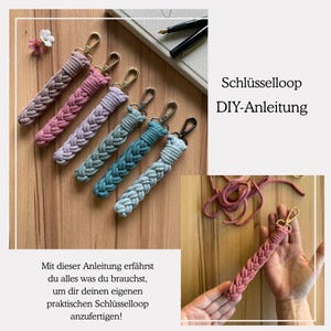 Może przedstawiać: Samouczek DIY do wykonania plecionej zawieszki na klucze. Obrazek przedstawia kilka gotowych zawieszek na klucze w różnych kolorach, w tym różowym, fioletowym, turkusowym i zielonym. Tekst na obrazku brzmi "Schlüsselloop DIY-Anleitung".