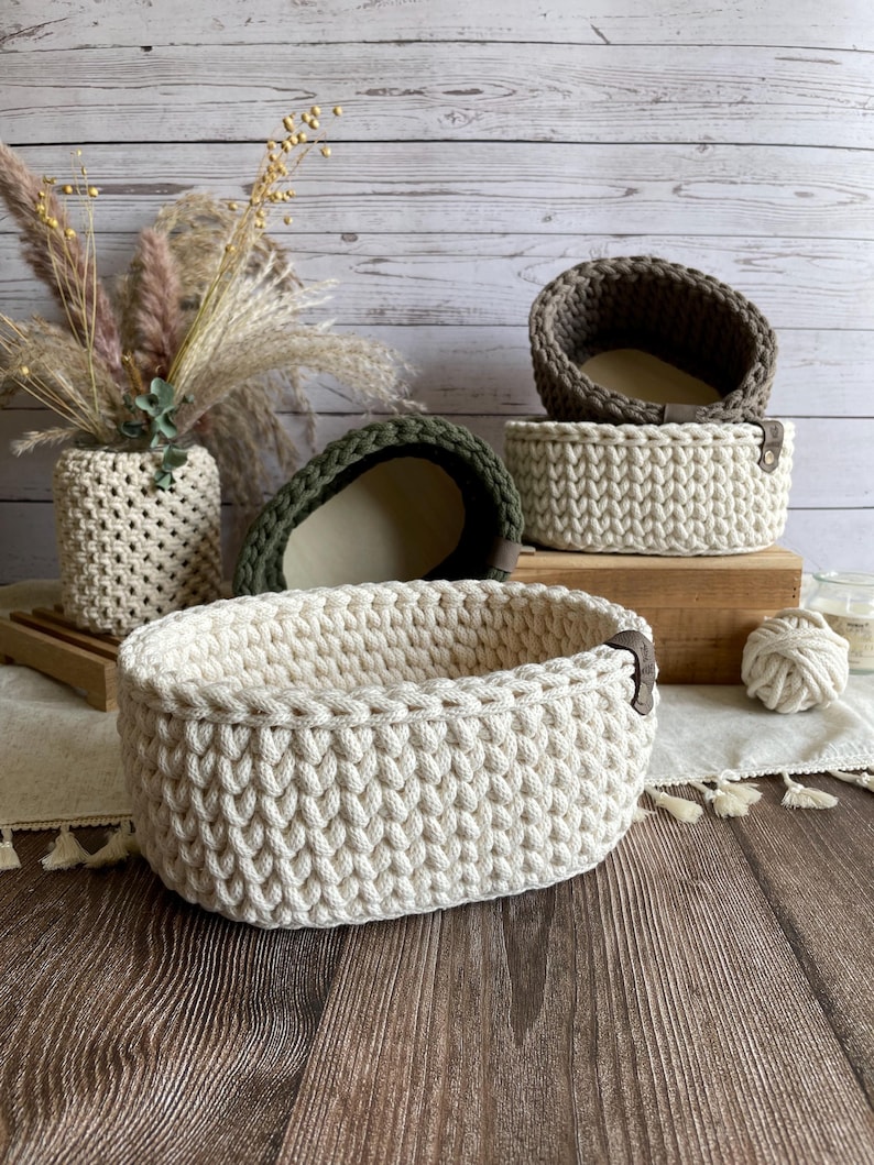 Crochet basket with wooden base, oval, practical gift idea, crocheted baskets, storage basket, gift basket, gift baskets, crochet basket image 11
