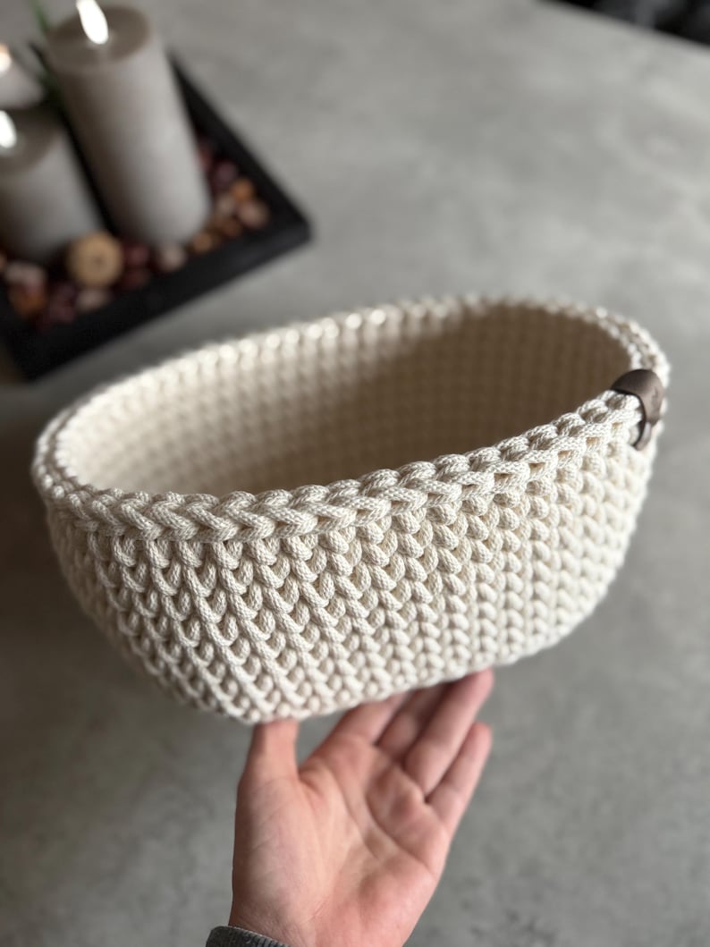 Crochet basket with wooden base, oval, practical gift idea, crocheted baskets, storage basket, gift basket, gift baskets, crochet basket image 12