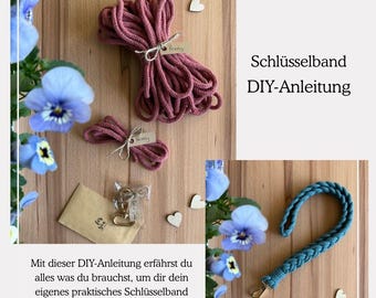 May include: A DIY kit for making a lanyard, featuring bundles of pink cord, a finished teal lanyard, and a small package with hardware. The image includes text in German: "Schlüsselband DIY-Anleitung" and instructions.
